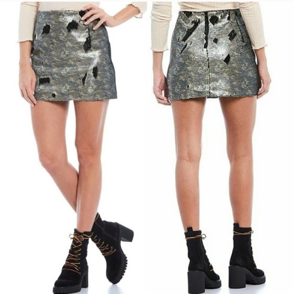 NEW Free People Camo Skinny Sequin Mini Skirt